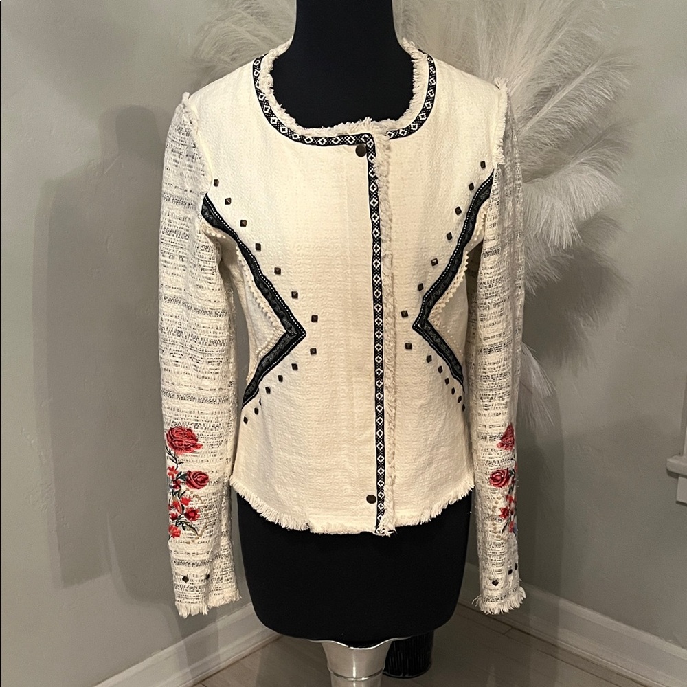 Desigual Cream Tweed Jacket with Black Trim and Red Floral Sleeves